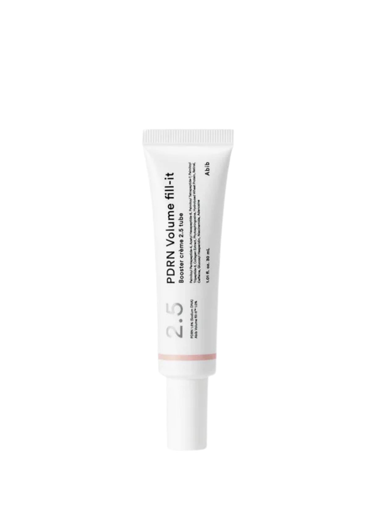 A white squeeze tube of PDRN Volume fill-it cosmetic product with black text and a thin pink accent band, centered on a plain white background.
